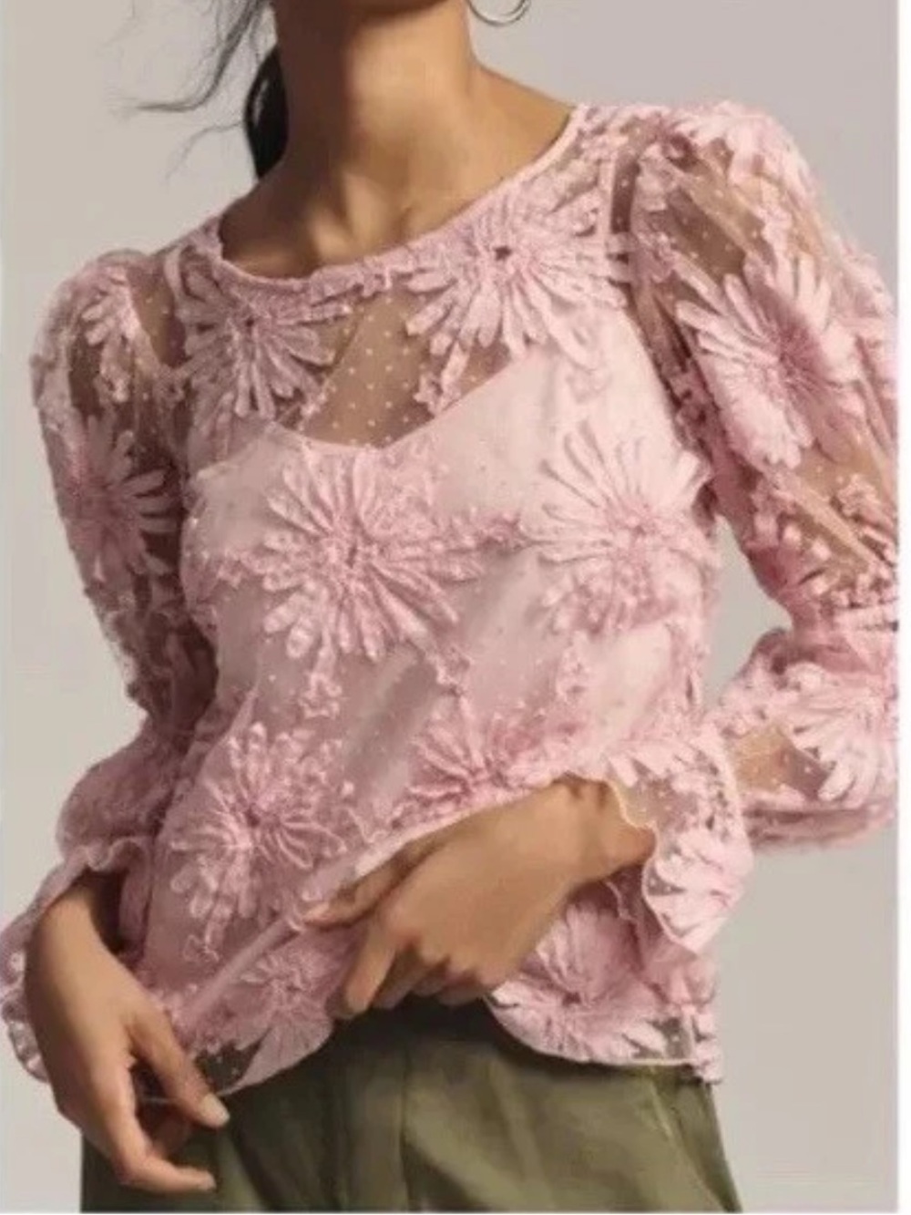 Anthropologie Eva Franco Pink Floral Lace Appliqué Top small